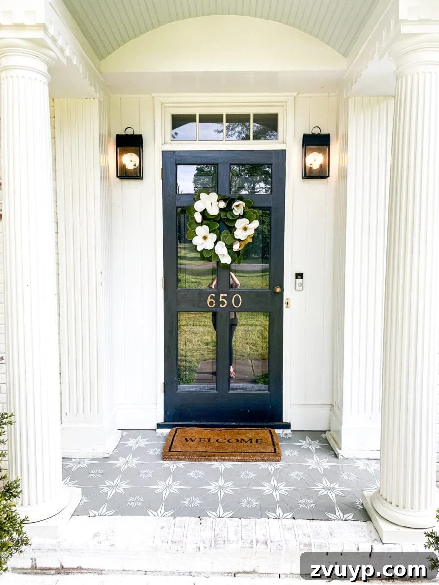 Patterned Porch Floor Revival 14 Beautiful and inviting front porch with newly stenciled floor