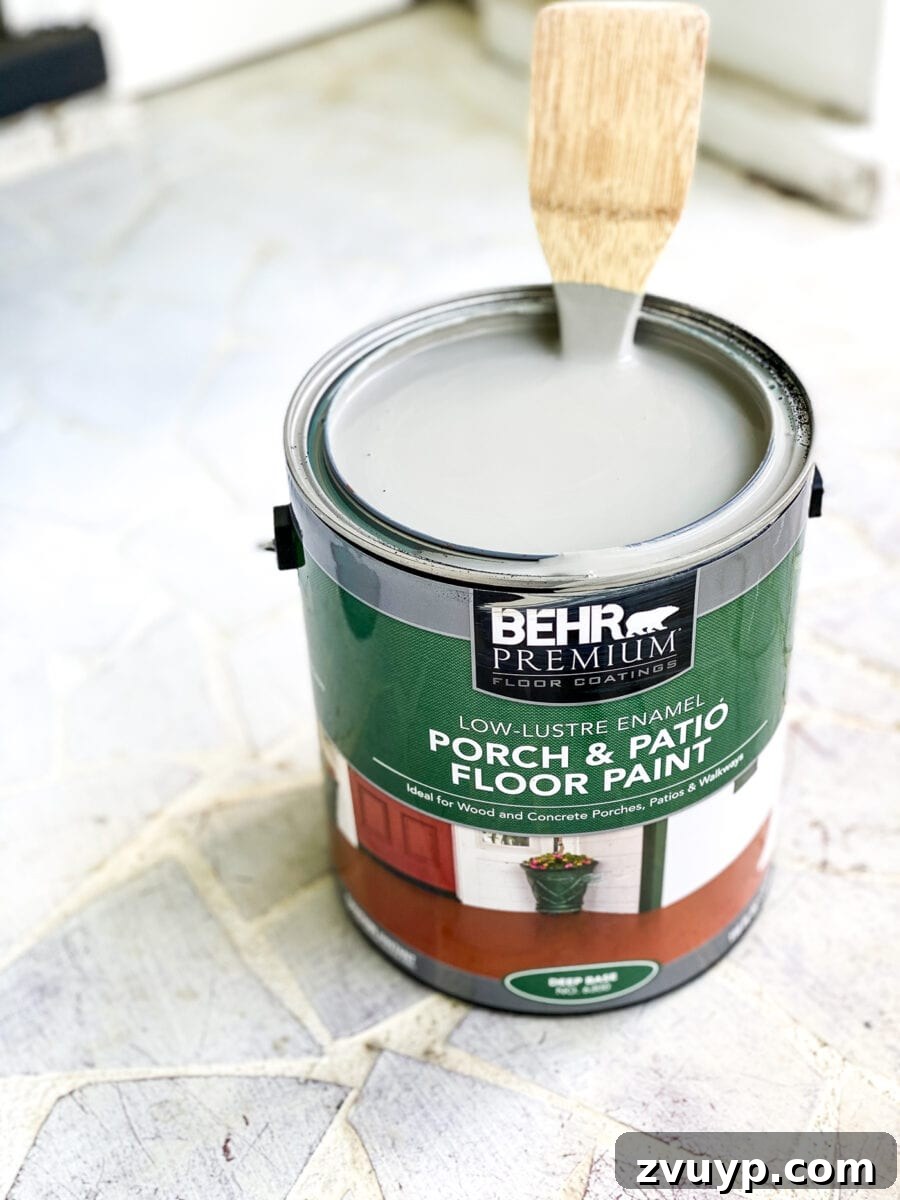 Patterned Porch Floor Revival 6 Applying a durable base coat of Behr Porch & Patio Floor Paint