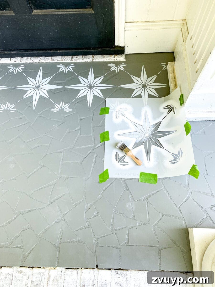 Patterned Porch Floor Revival 8 Positioning the stencil accurately on the porch floor