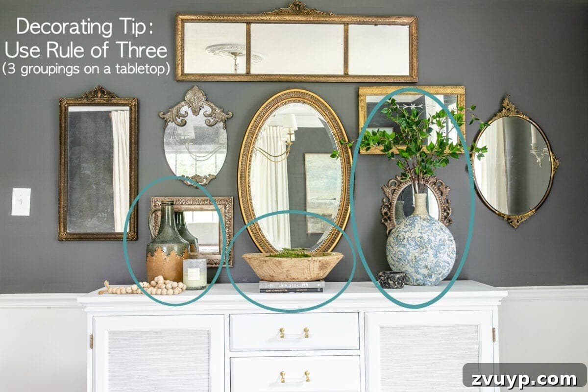 Buffet Decor & Styling: Master Any Look 7 Buffet styled with three distinct groups of decor items