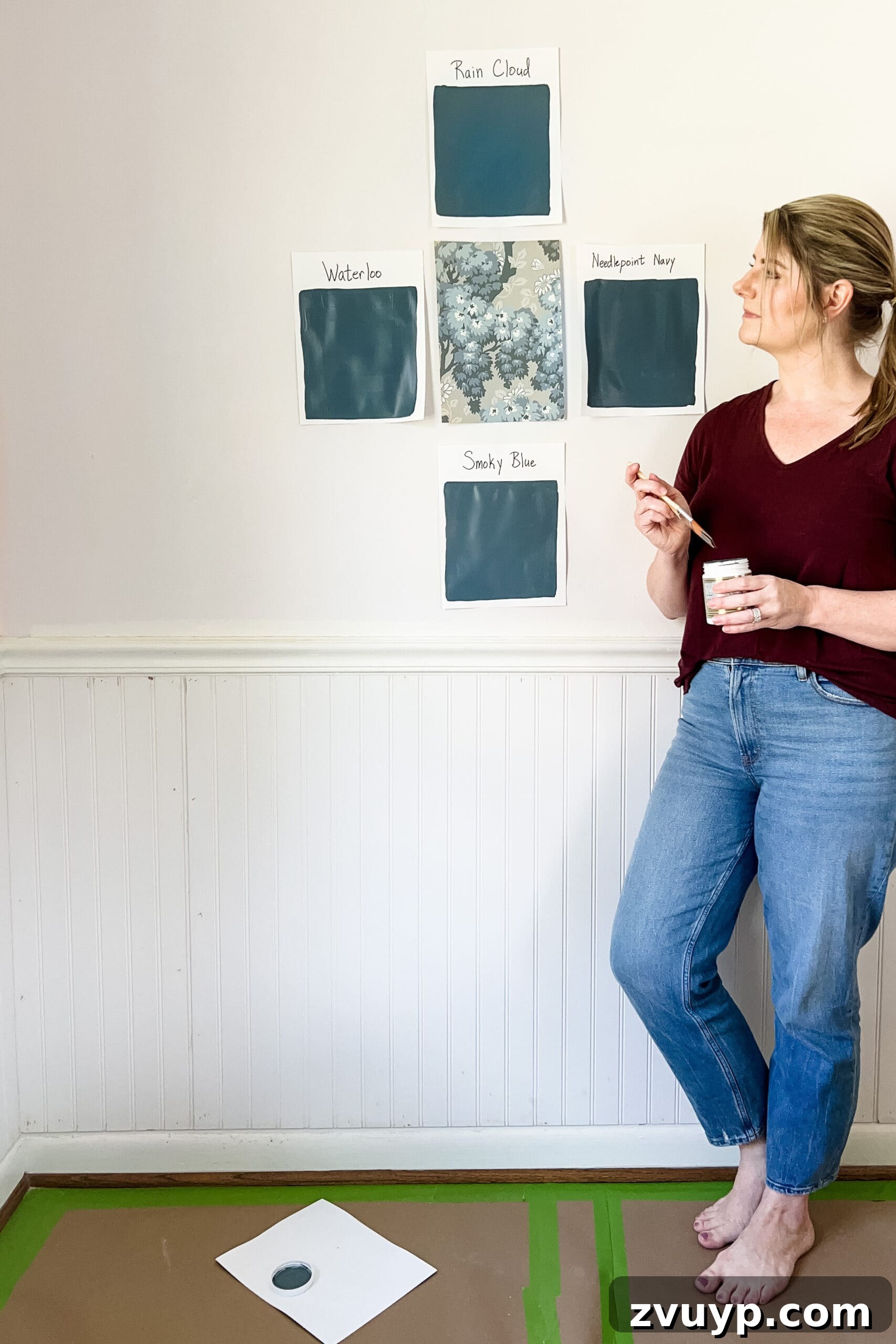 Expert Interior Paint Color Selection for Your Home 16 paint color samples on white card stock to test the best blue paint color for a bedroom Sherwin Williams Needlepoint Navy, Rain Cloud, Waterloo, Smoky Blue