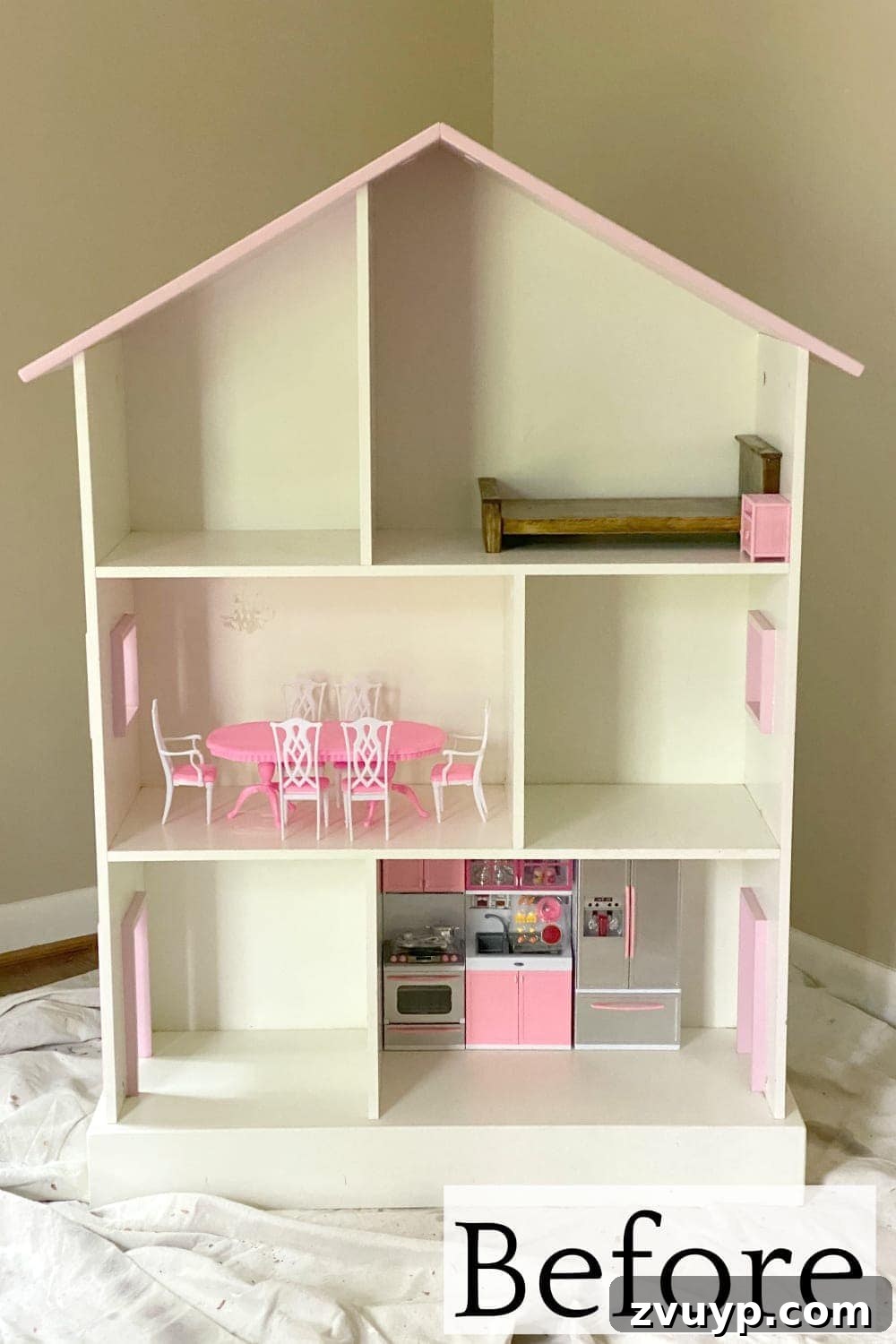 Thrifted Dollhouse Glow-Up 2 Before: A simple thrifted wooden bookcase, awaiting its transformation into a DIY dollhouse.