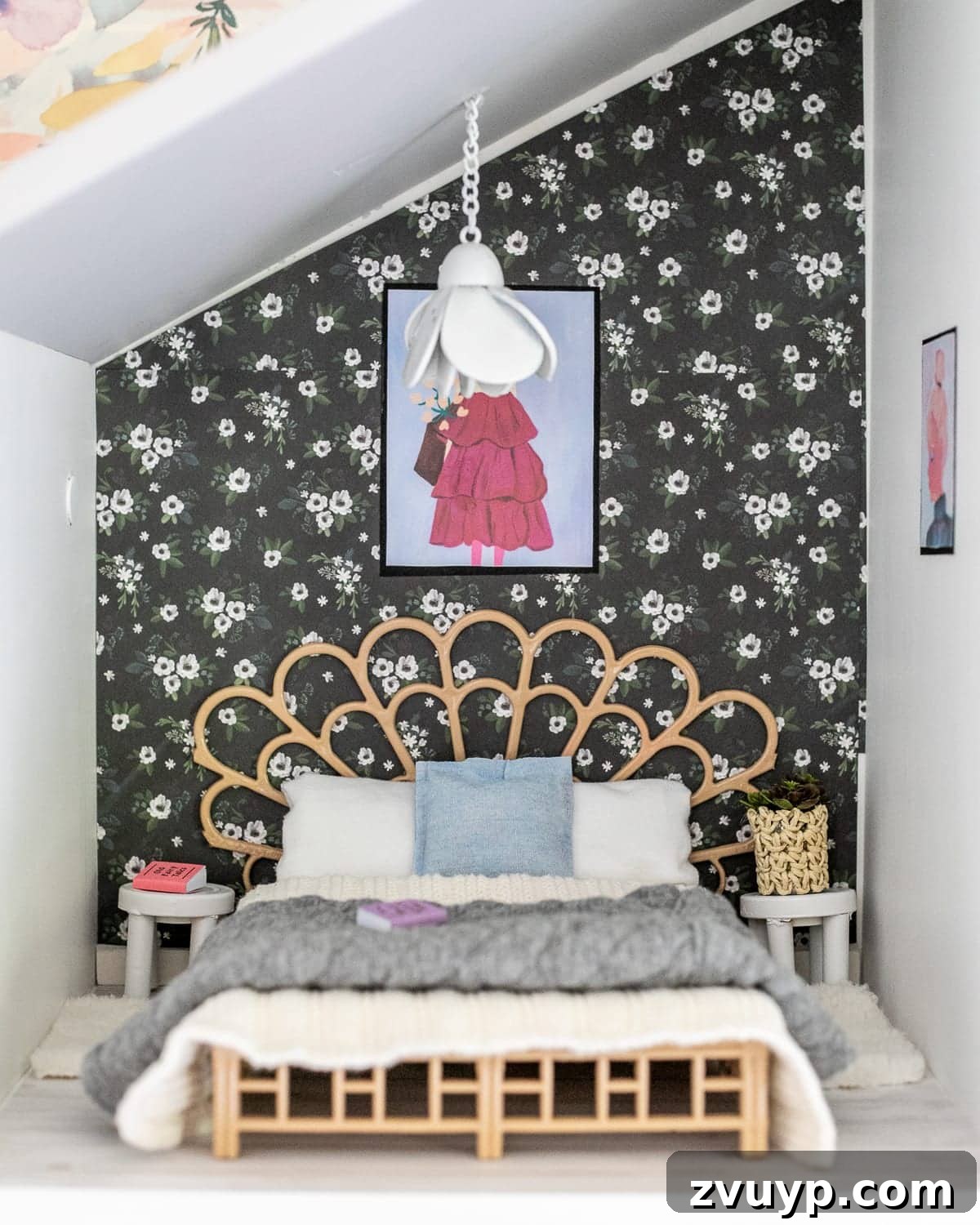 Thrifted Dollhouse Glow-Up 14 DIY Barbie dollhouse bedroom featuring a vintage Ebay bed, handmade nightstands, and abstract art.
