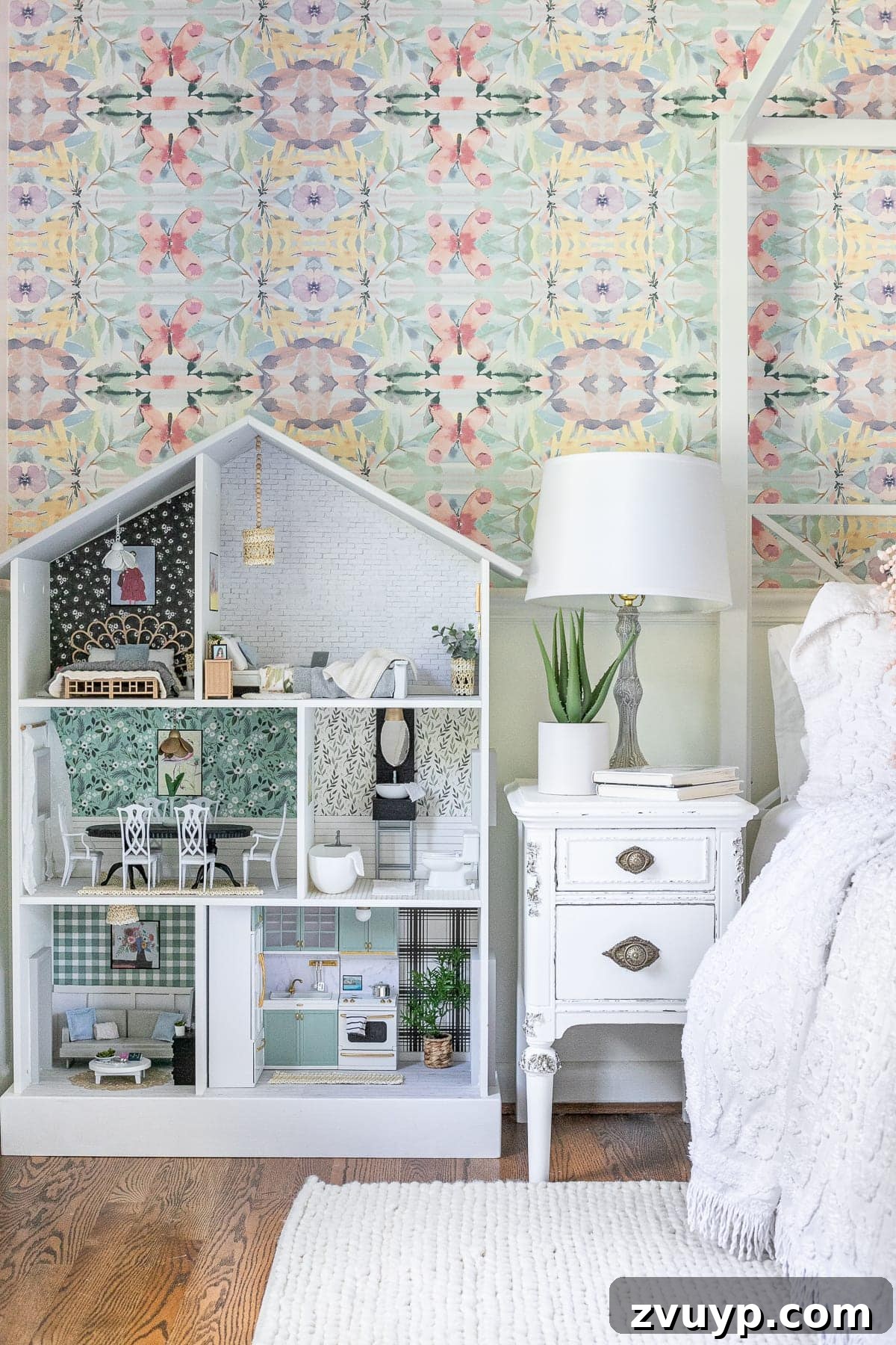 Thrifted Dollhouse Glow-Up 3 After: A stunning, fully decorated DIY dollhouse created from a thrifted bookcase, showcasing miniature rooms with repurposed items.
