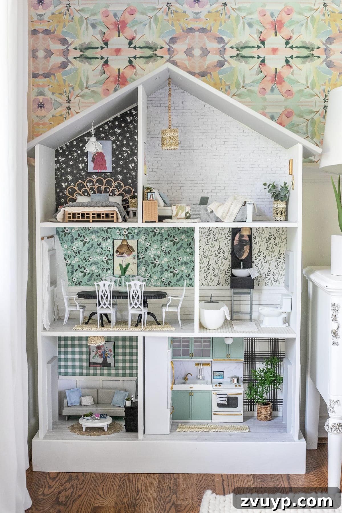 Thrifted Dollhouse Glow-Up 4 Close-up of DIY dollhouse details, showcasing miniature furniture and repurposed items from around the house.