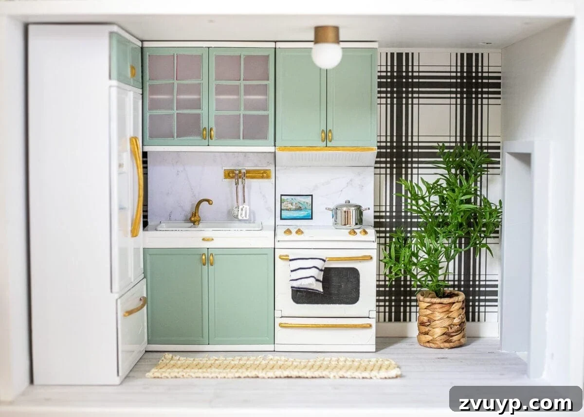 Thrifted Dollhouse Glow-Up 5 A beautifully detailed Barbie dollhouse kitchen, featuring custom painted cabinets, marble scrapbook paper backsplash, and repurposed miniature decor.