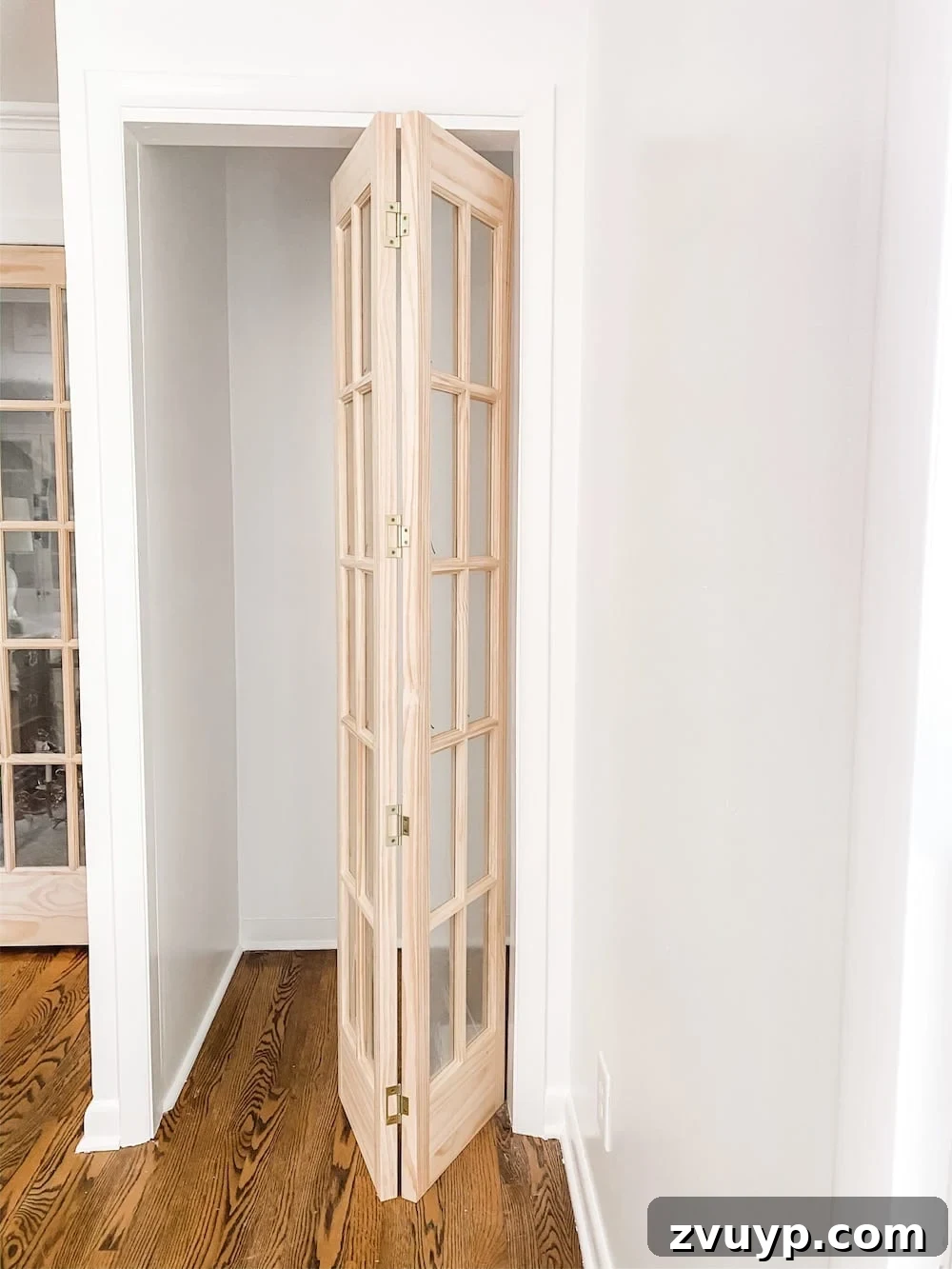 Newly installed closet frames with converted French doors, painted in a dark hue