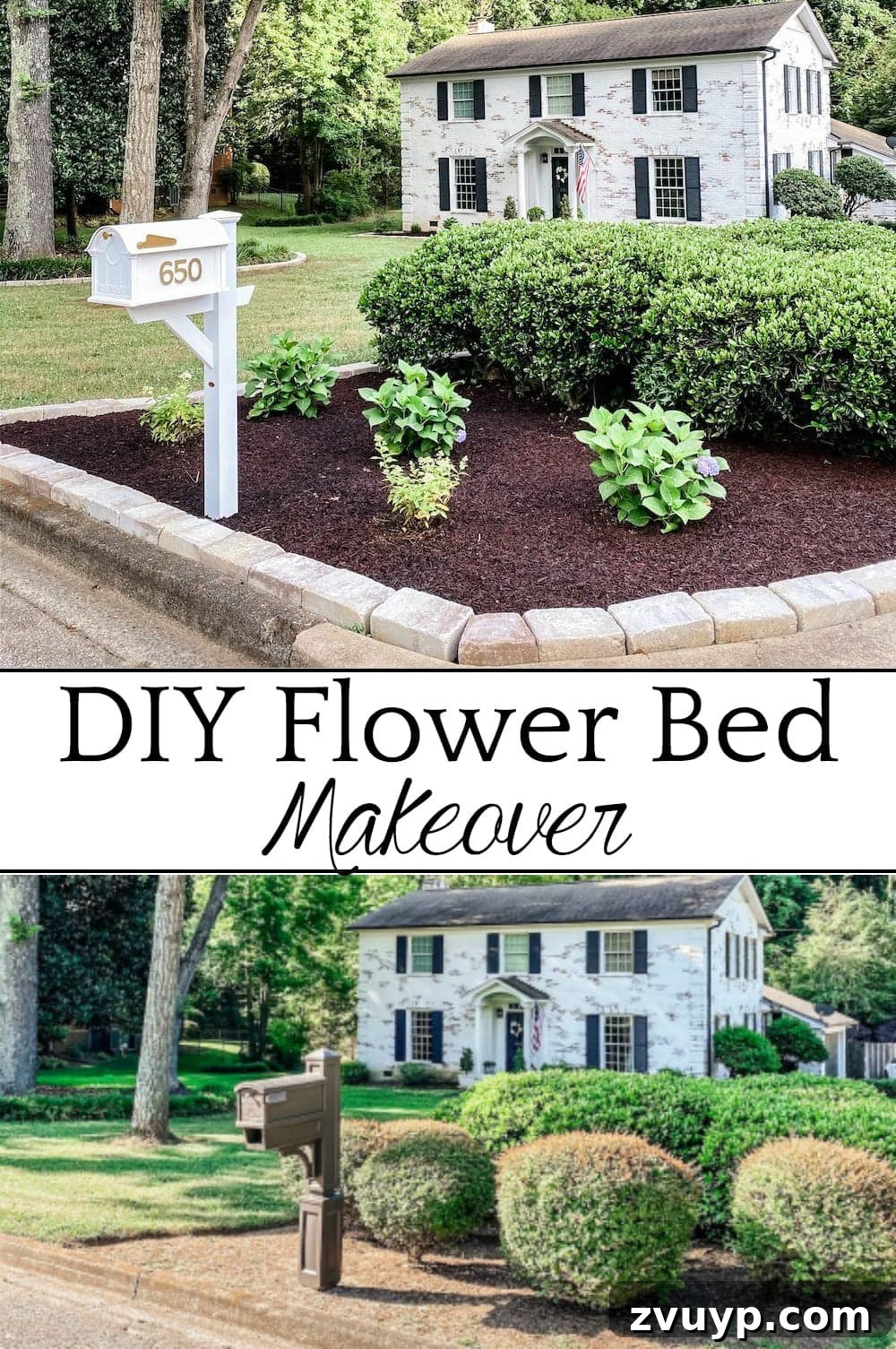 Front Flower Bed DIY Transformation 29 Pinterest pin graphic for DIY Flower Bed Makeover tutorial, featuring transformed garden beds and essential tools.