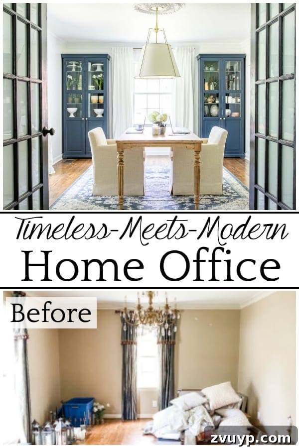 Our Dream Home Office Unveiled 15 Timeless and modern home office reveal: an outdated dining room transformed into a bright, functional workspace with custom storage and decor. Features Benjamin Moore Hale Navy and Chantilly Lace.