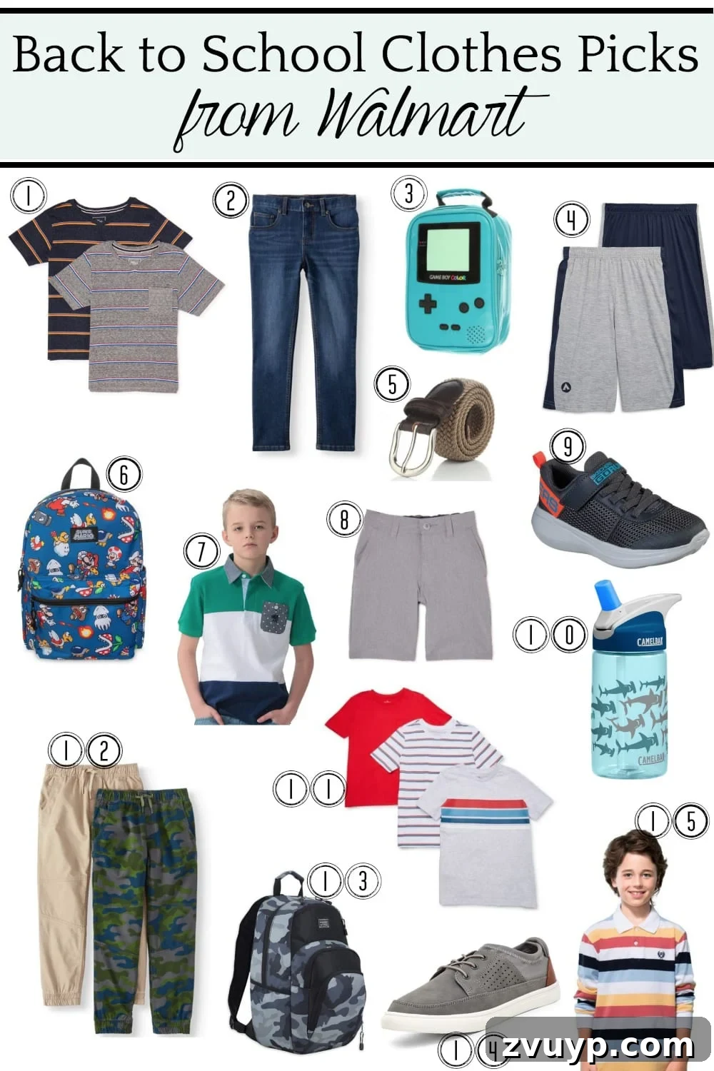 Back-to-School Homework Space for Olivia 5 A collection of boys' back-to-school clothing from Walmart, featuring durable shorts, graphic tees, and comfortable pants for active learning.