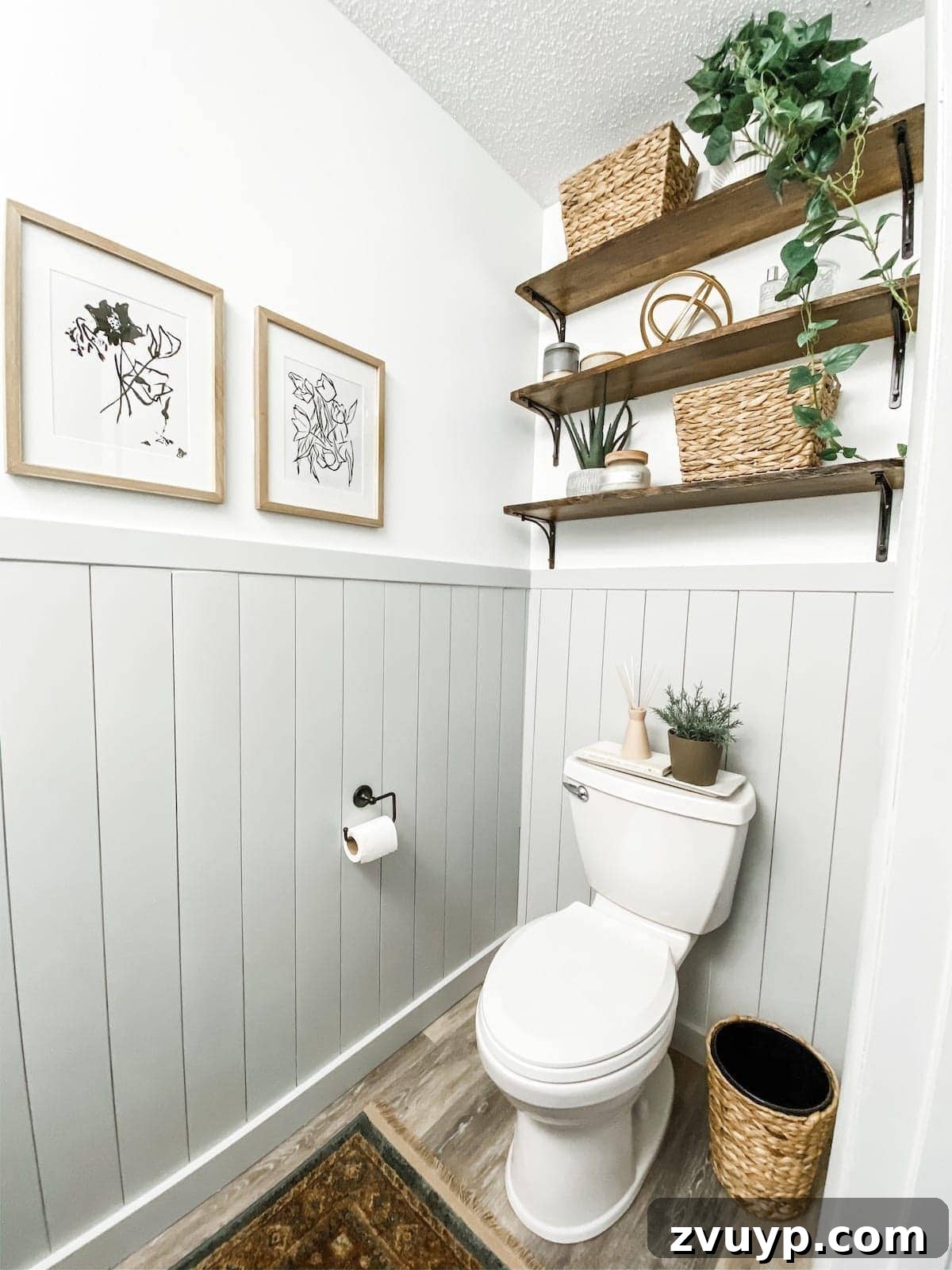 Golden State Powder Room Serenity 12 Bathroom shelving above toilet styled with plants and decorative elements in a California Casual design