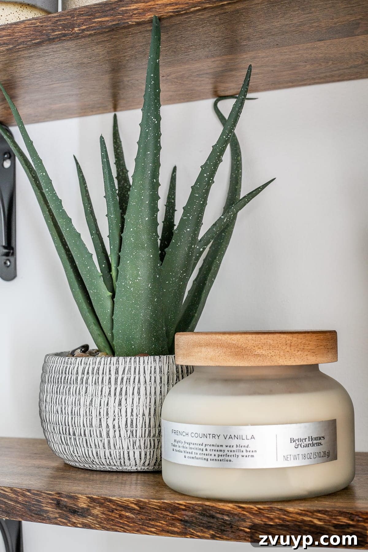 Golden State Powder Room Serenity 15 Artificial aloe plant and a scented candle creating a relaxing bathroom ambiance