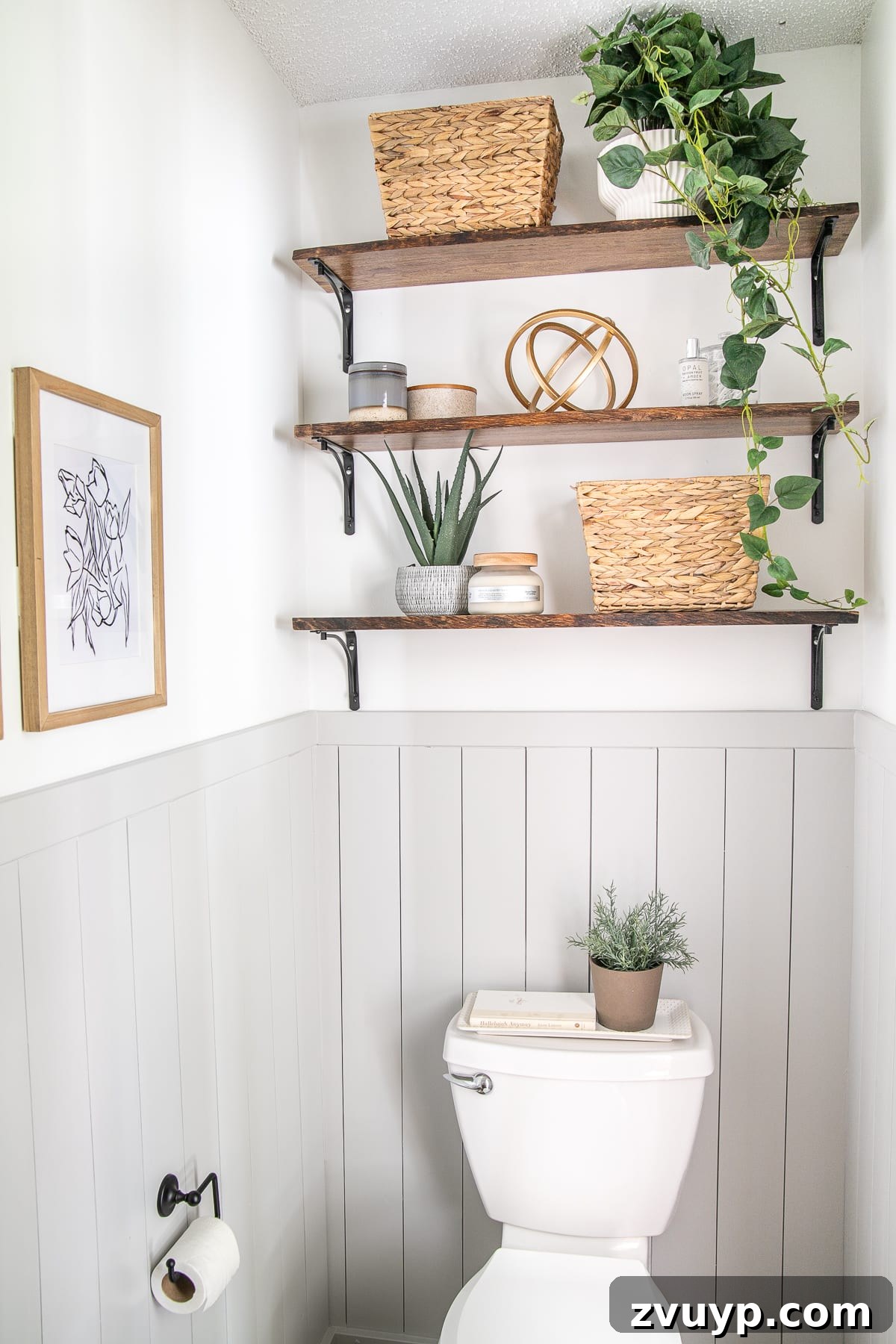 Golden State Powder Room Serenity 16 Shelves above toilet in a small bathroom, perfectly styled with decor and practical storage