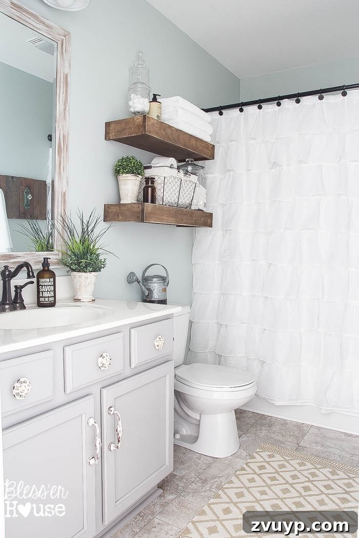 Golden State Powder Room Serenity 17 Modern farmhouse bathroom with white subway tile and rustic accents