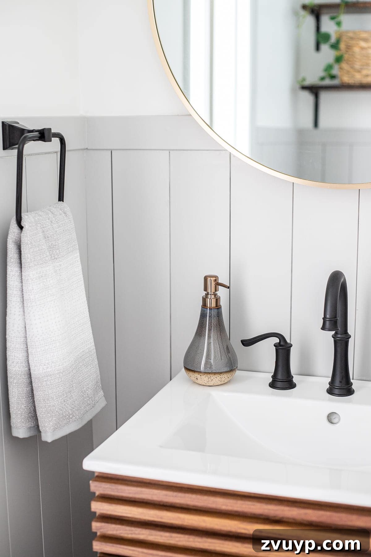 Golden State Powder Room Serenity 8 Powder room decor featuring gray vertical shiplap and a minimalist aesthetic