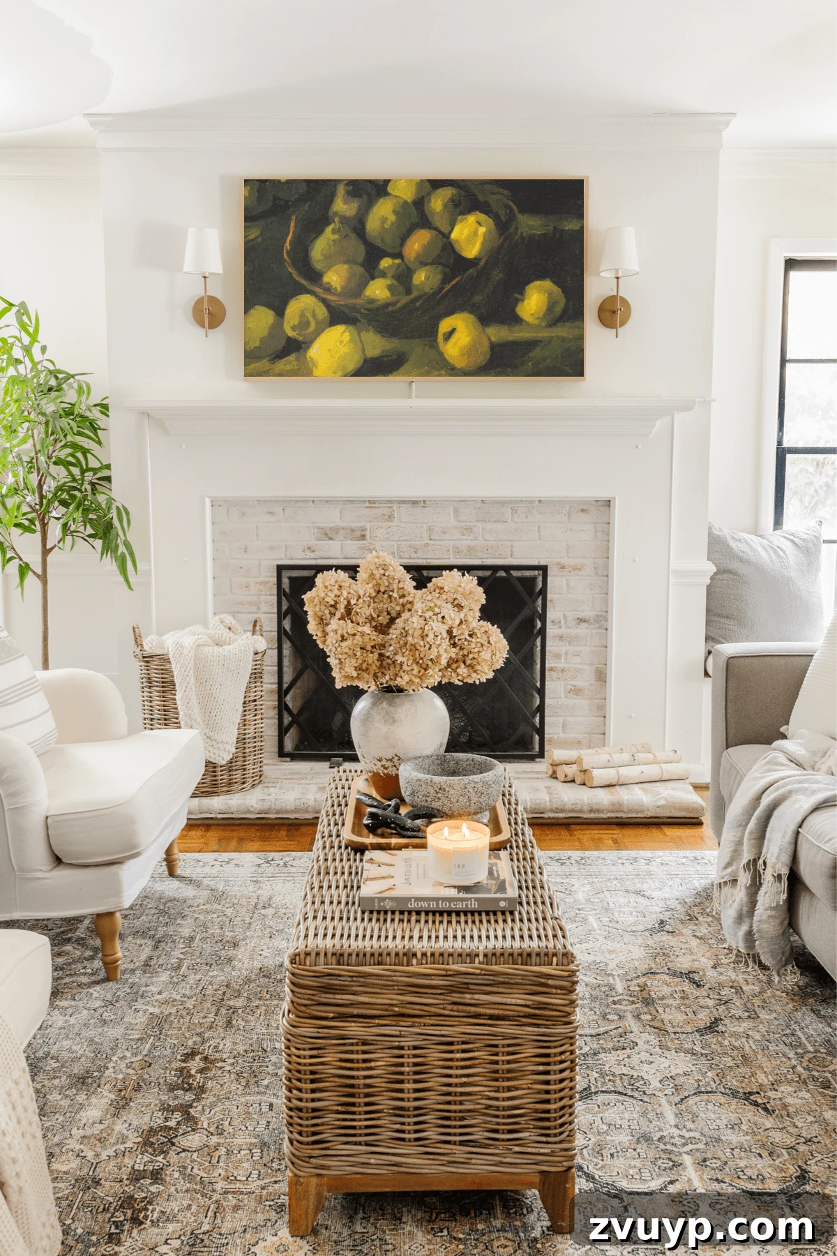 Create Your Cozy Fall Haven: DIY Decor Ideas 26 smart tv art displaying pears in a bowl for a cozy living room