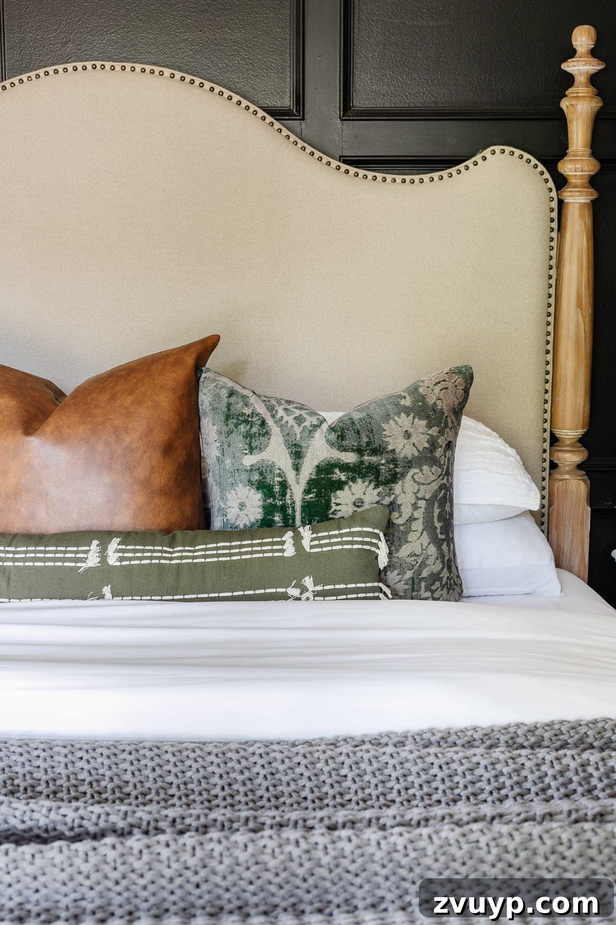 Create Your Cozy Fall Haven: DIY Decor Ideas 7 velvet and leather throw pillows on a bed for a cozy home decor for fall