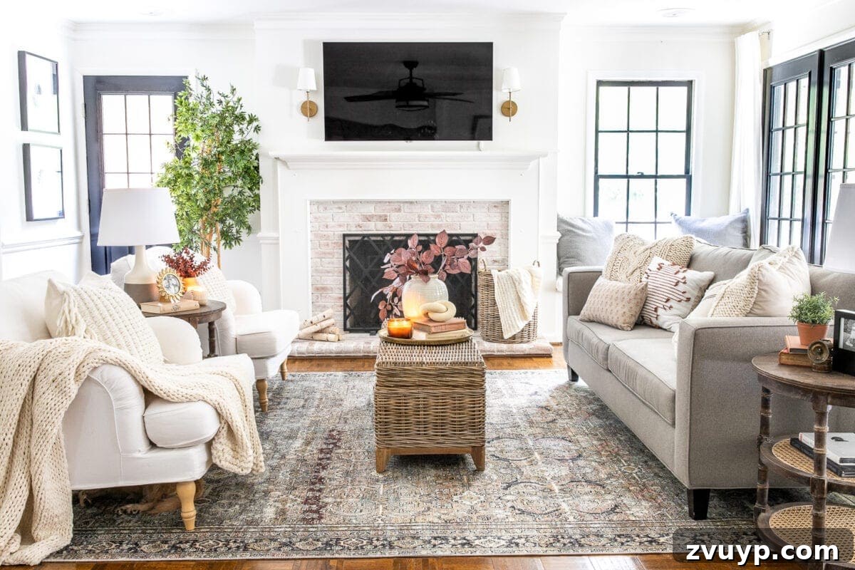 An Earthy Fall Living Room and My Go-To Budget Fall Decor Capsule 11 Cozy fall living room setup with a TV positioned above the fireplace, exuding warmth and comfort.