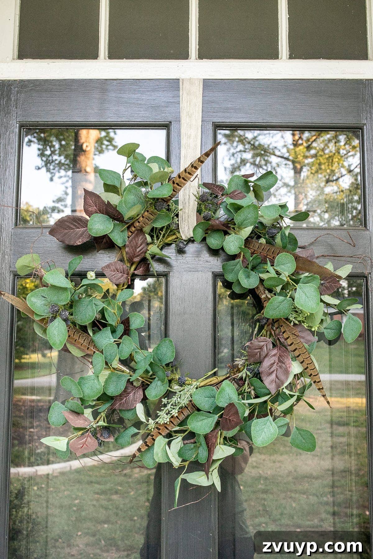 Handmade Eucalyptus and Feather Autumn Wreath 5 Early fall wreath with eucalyptus, blue thistle, and pheasant feathers