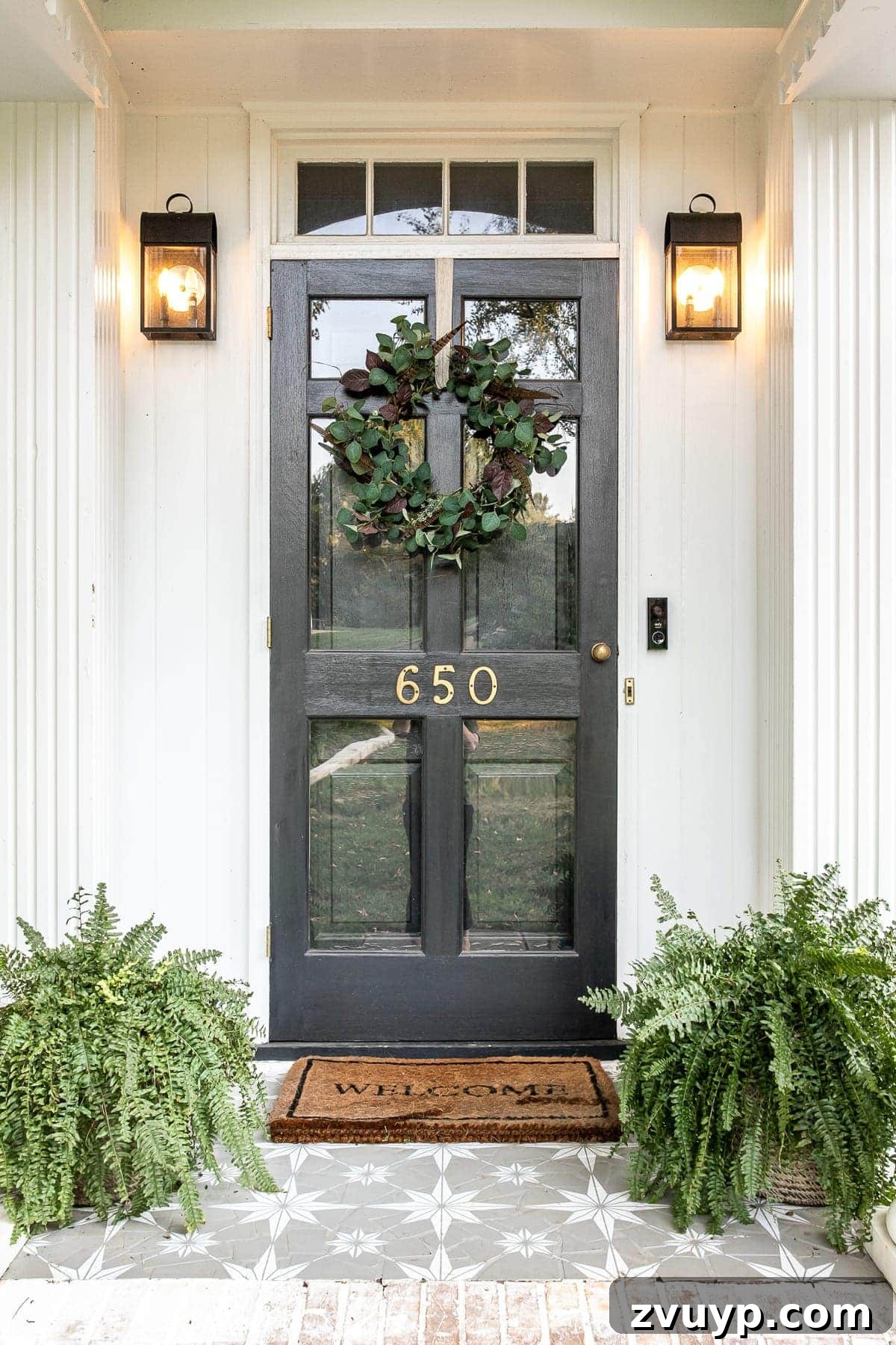 Handmade Eucalyptus and Feather Autumn Wreath 6 Front porch decorated for early fall with DIY wreath and stenciled floor