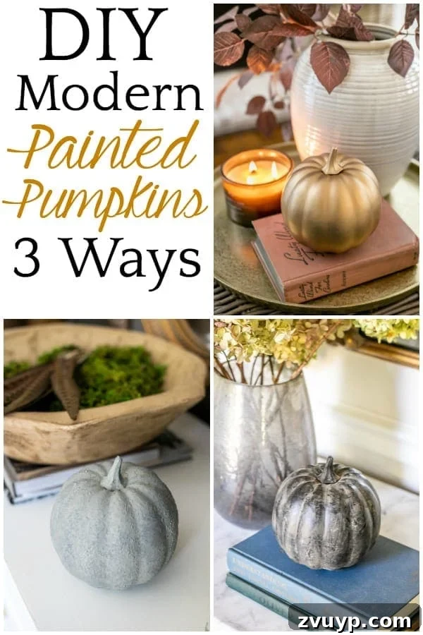 Modern Pumpkin Makeovers: 3 Creative Paint Ideas 14 DIY Modern Painted Pumpkins 3 Ways | 3 techniques for DIY painted pumpkins using spray paint, metallics, and dirt to create concrete, antique brass, and black earthenware looks.