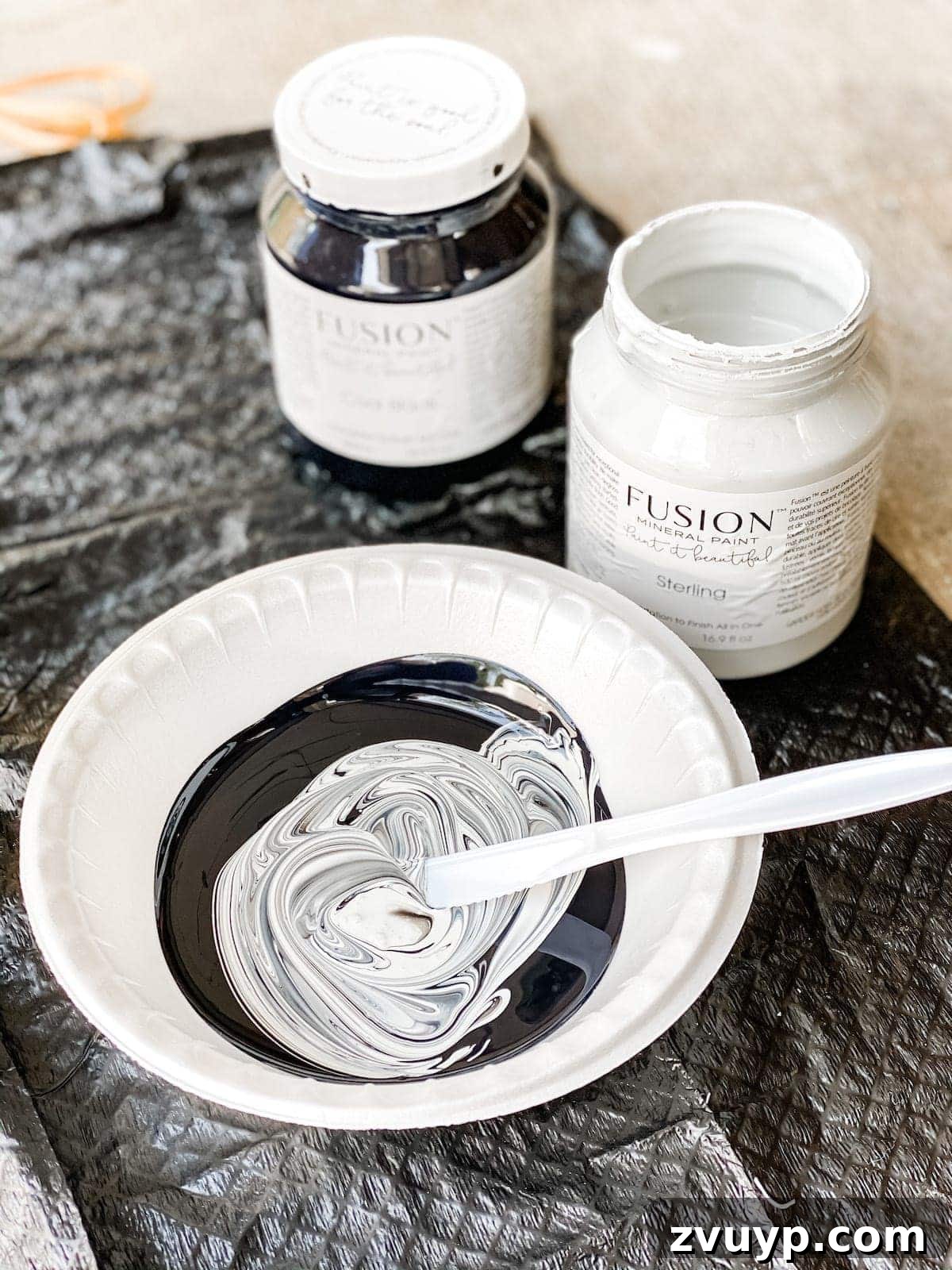 DIY Designer Terra Cotta Table Lamp 3 Mixing black and white acrylic Fusion Mineral Paint to create the ideal medium gray shade for the lamp base.