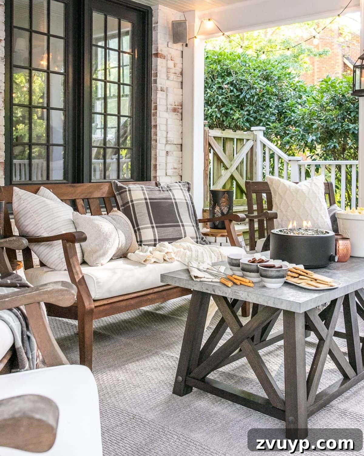Inviting Fall Back Porch Back porch with fall decor, string lights, and seating