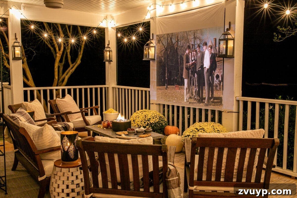 Backyard Movie Night View Wide shot of the DIY outdoor movie screen and s'mores table on a fall back porch
