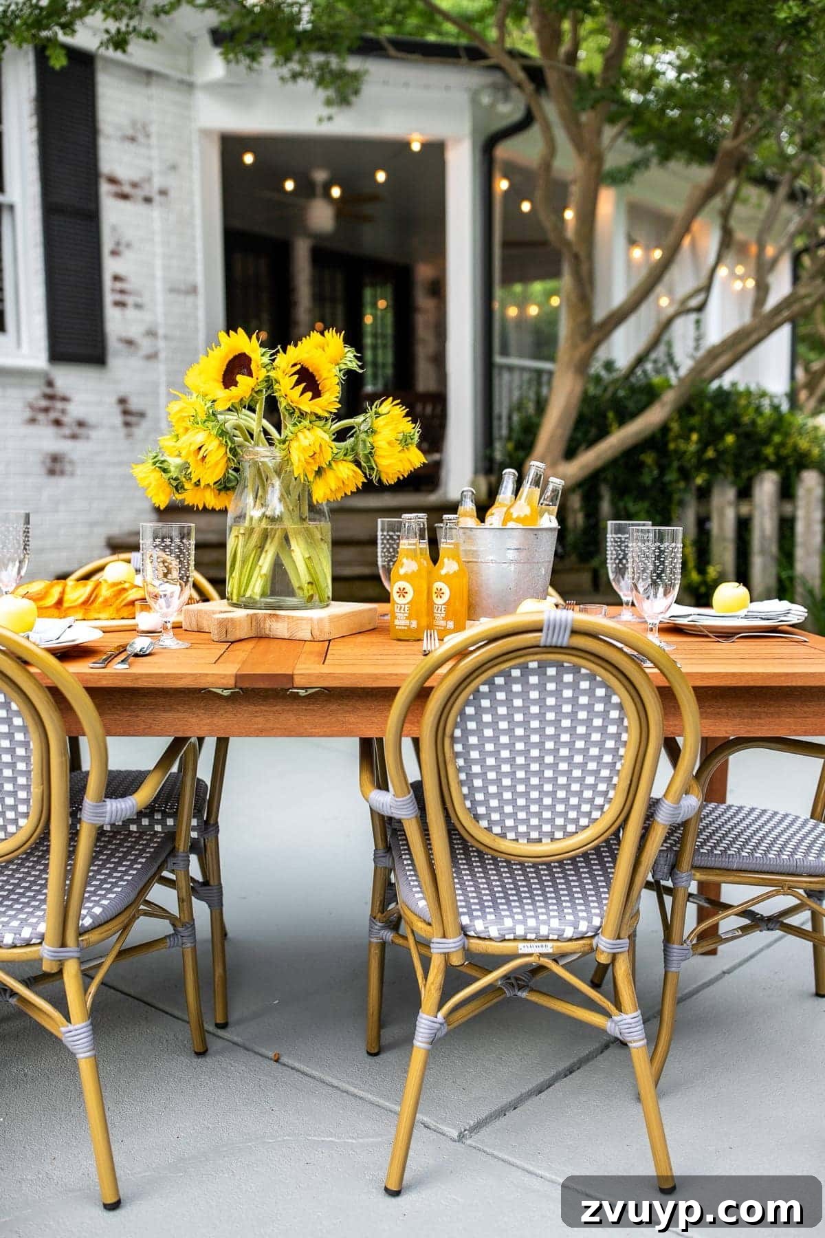Your Guide to a Serene Outdoor Retreat: 4 Key Elements 7 Stylish outdoor dining table on a painted concrete patio, ready for summer entertaining.