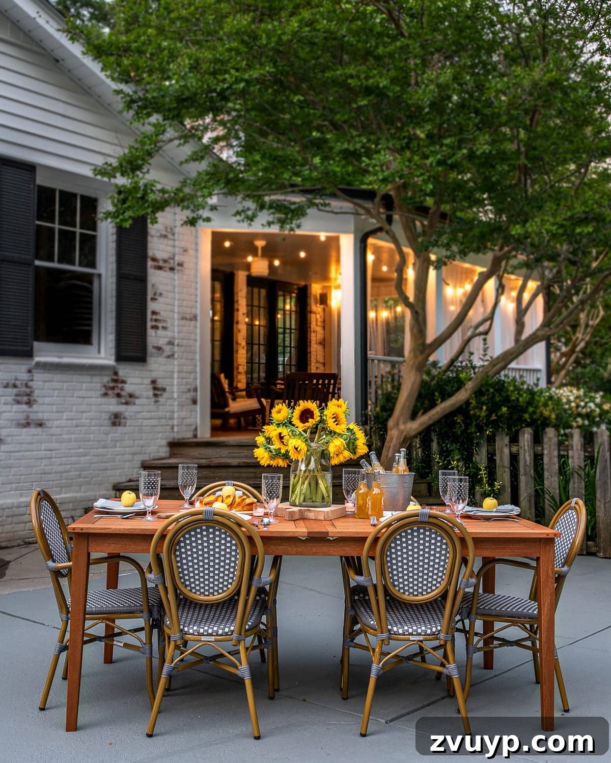 Your Guide to a Serene Outdoor Retreat: 4 Key Elements 3 Bright and inviting summer outdoor dining patio with blue accents and white concrete.
