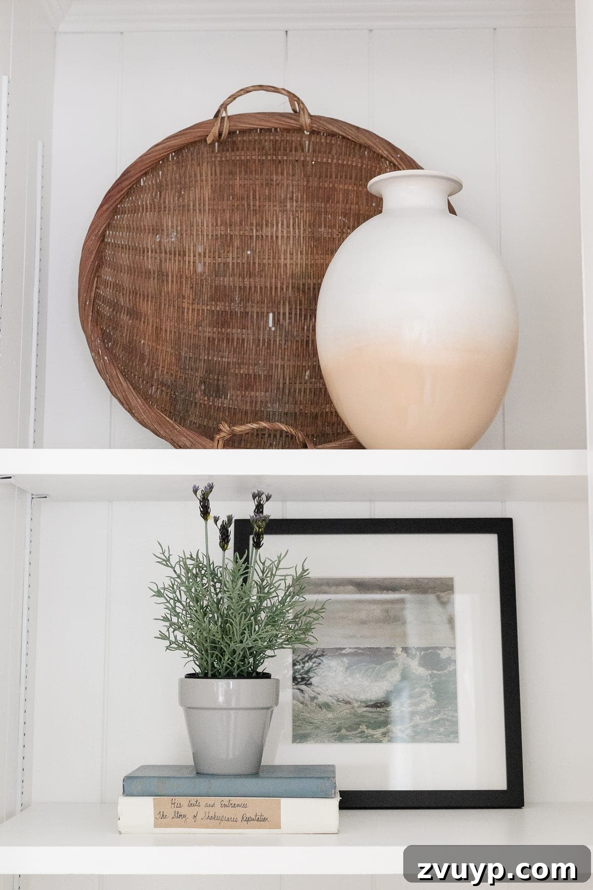 Transform Closets into Seamless Built-In Shelving 17 Rustic coastal shelf decor featuring vases, books, and natural elements