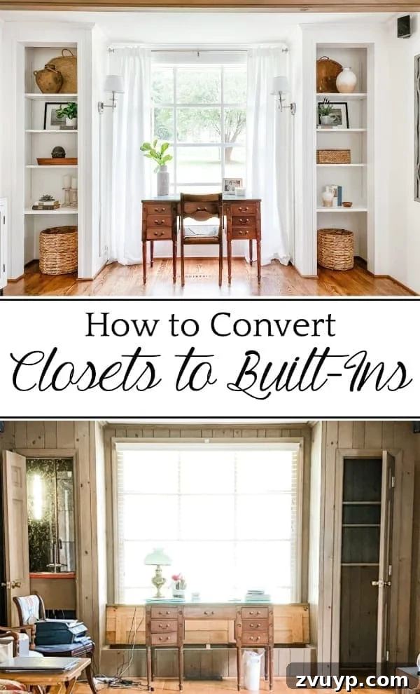 Transform Closets into Seamless Built-In Shelving 22 Pin graphic: How to Convert Closets to Built-In Shelves: A step-by-step tutorial for converting closets into built-in shelves & a living room office transformation.