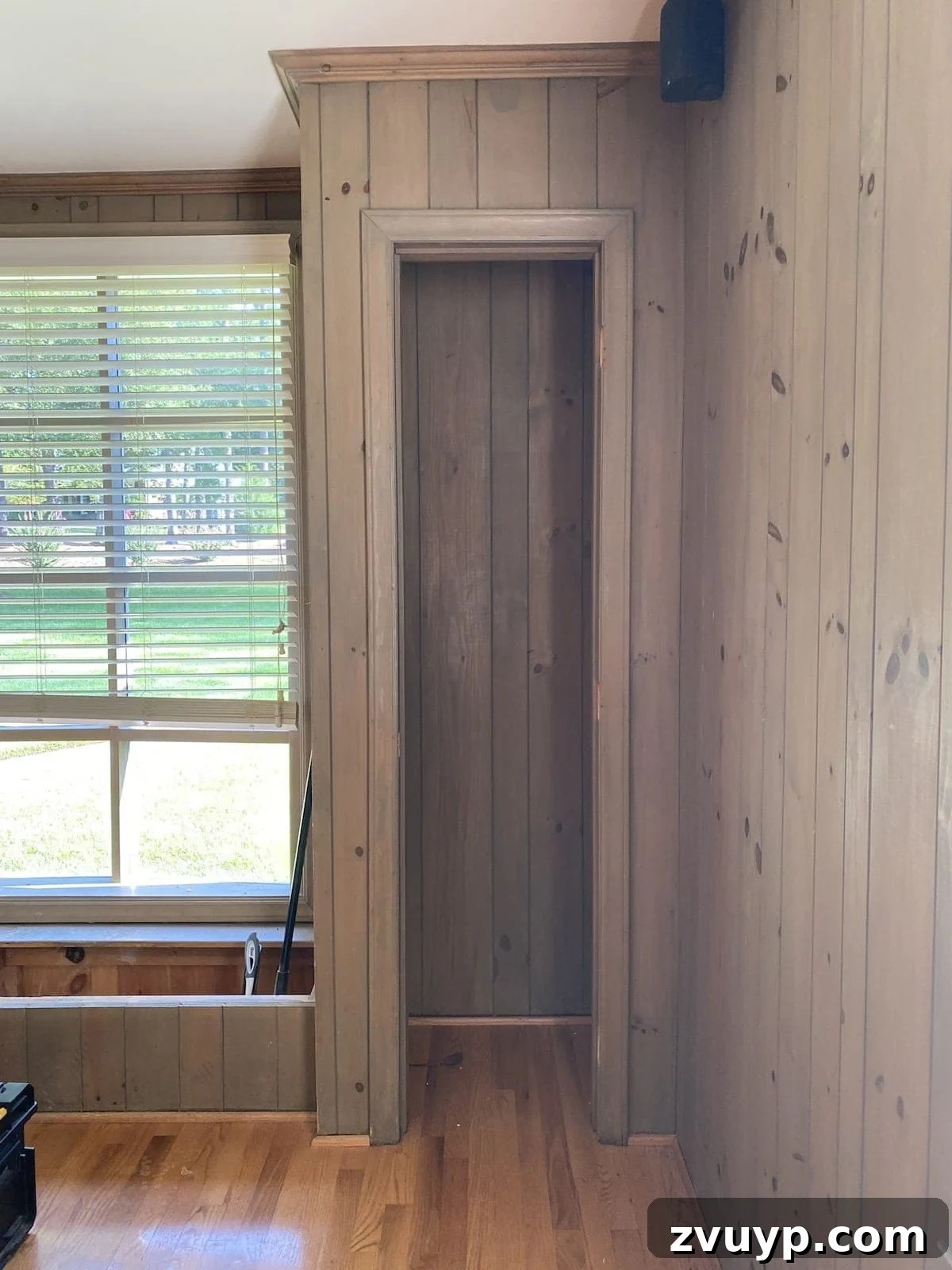 Transform Closets into Seamless Built-In Shelving 5 Closets with wood paneling after door and frame removal