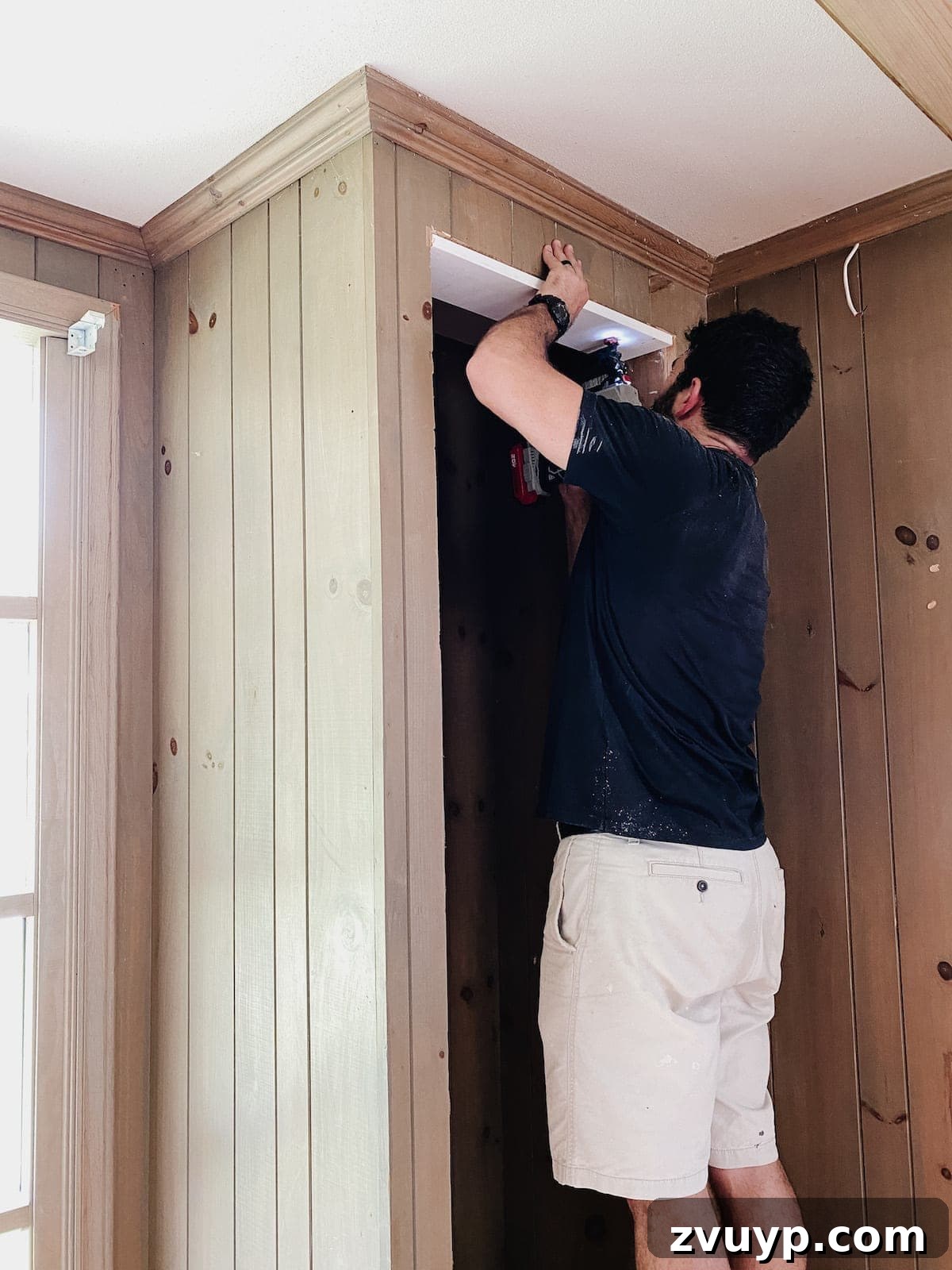 Transform Closets into Seamless Built-In Shelving 9 Adding a 1x6 board to the top of the closet opening for built-in shelves