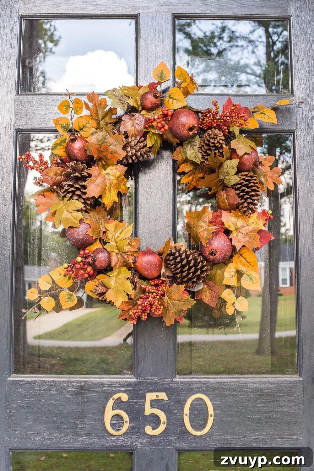 fall wreath with traditional colors in gold and rust