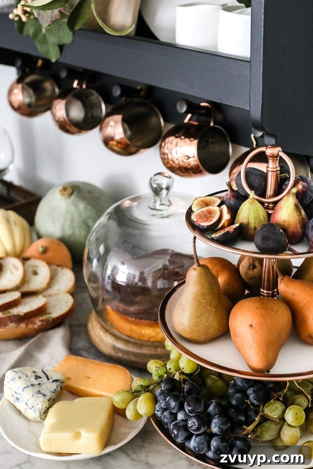 tiered copper tray with fruit 