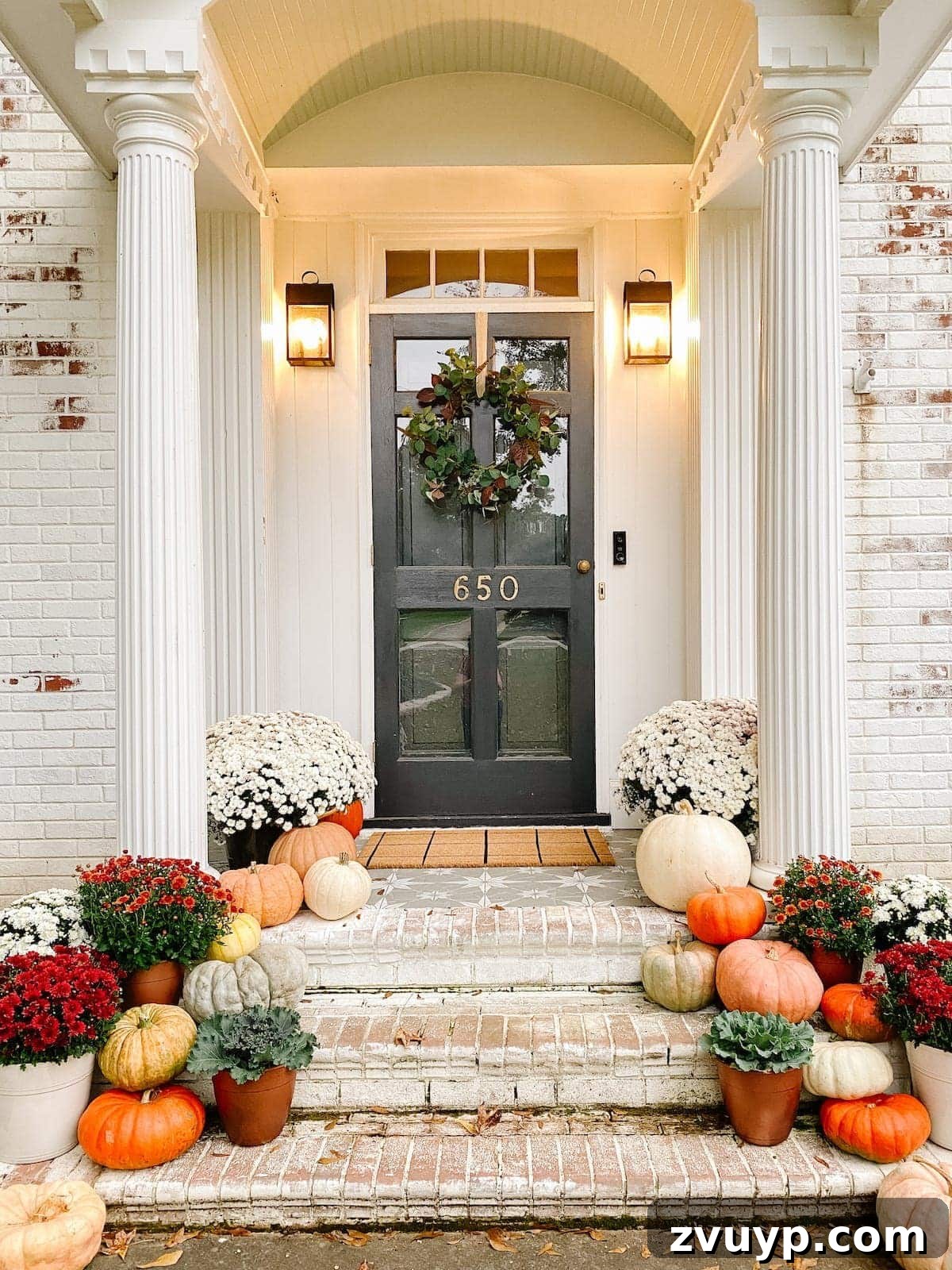 Autumn's Painted Porch 3 Colorful Fall Porch Stoop Decorated with Mums and Pumpkins with Limewashed Brick