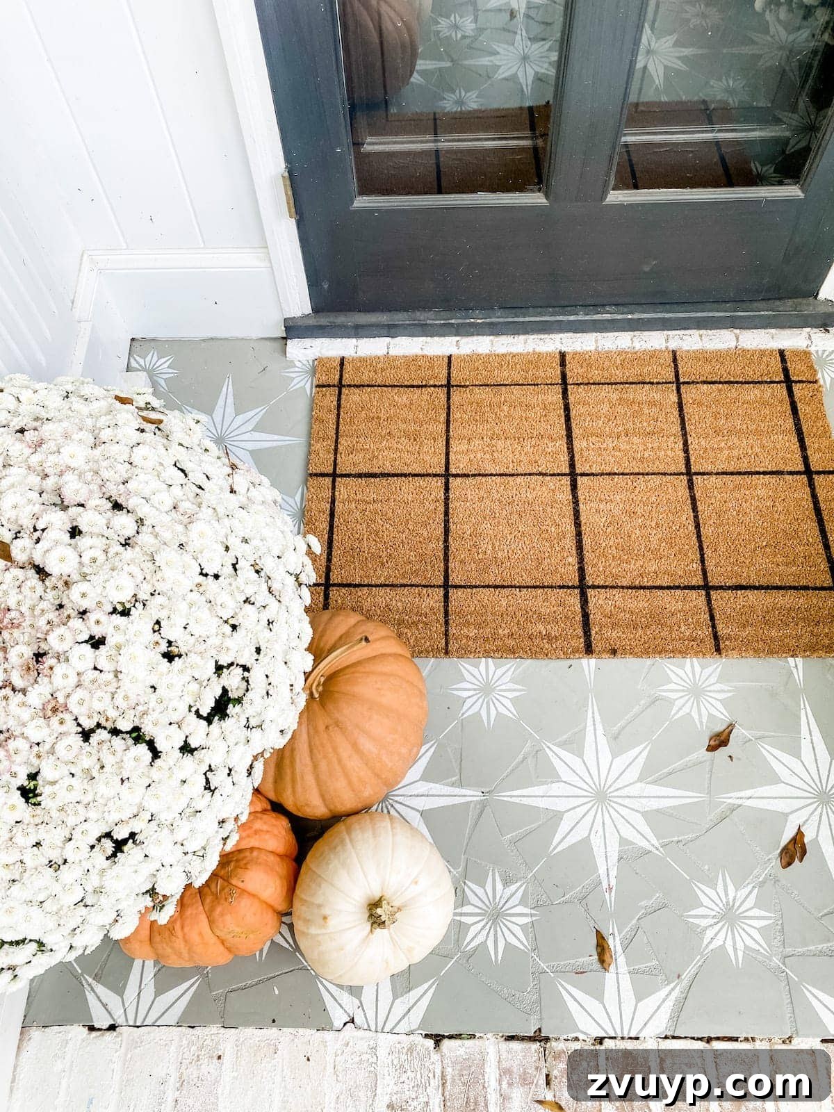 Autumn's Painted Porch 4 DIY Windowpane Check Welcome Mat and Stenciled Porch Floor