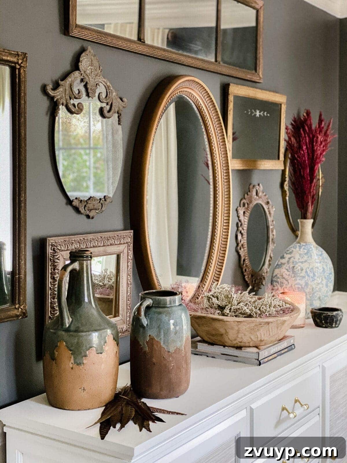 Everlasting Blooms: The Art of Preserving and Drying Flowers for Timeless Decor 12 Dried pampas grass and preserved flowers on a dining room sideboard for a stunning fall decor statement