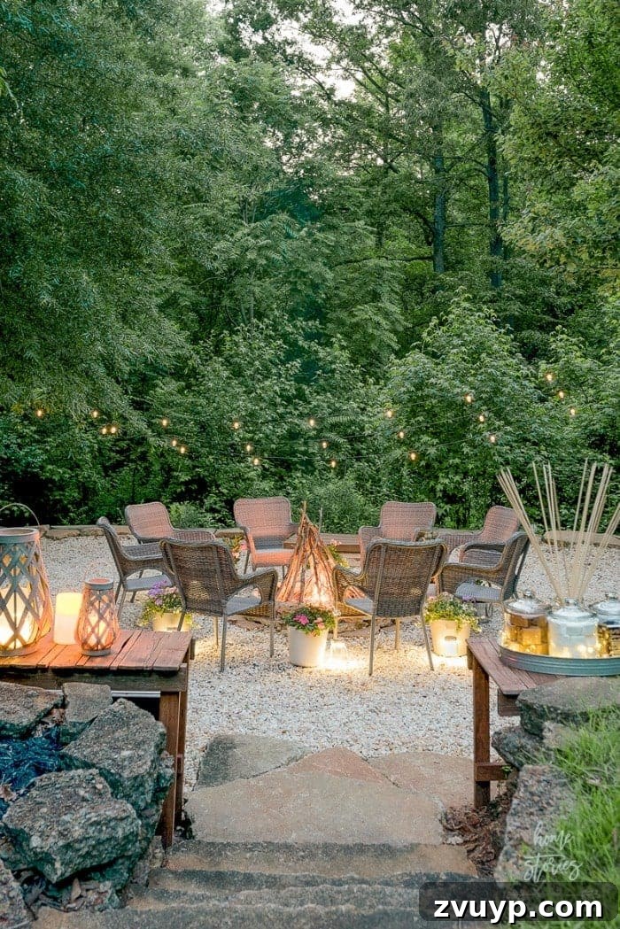 Elevate Your Outdoor Space: 15 Stunning Fire Pit Designs 13 Elegant backyard fire pit idea featuring ample seating and conveniently placed tables for outdoor entertaining.