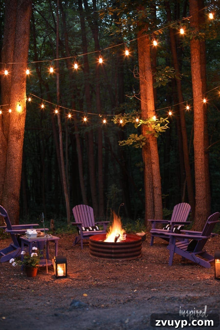 Elevate Your Outdoor Space: 15 Stunning Fire Pit Designs 17 Simple and natural fire pit area featuring a clean mulch ground cover and ambient string lights in surrounding trees.