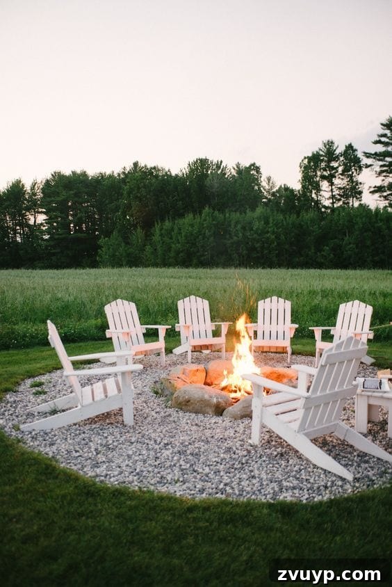 Elevate Your Outdoor Space: 15 Stunning Fire Pit Designs 19 Elegant simple fire pit idea with clean gravel base and classic Adirondack chairs.