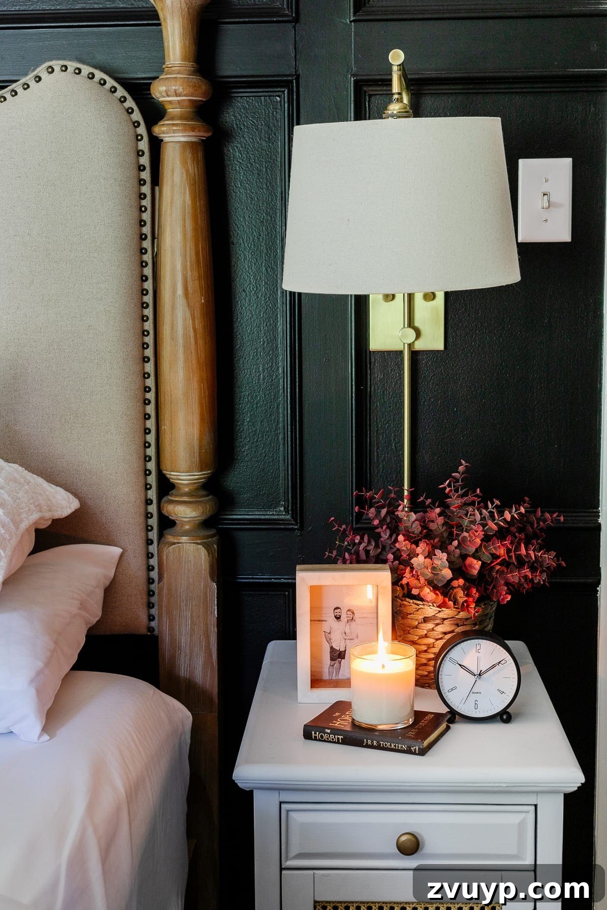 fall decor on bedroom nightstand