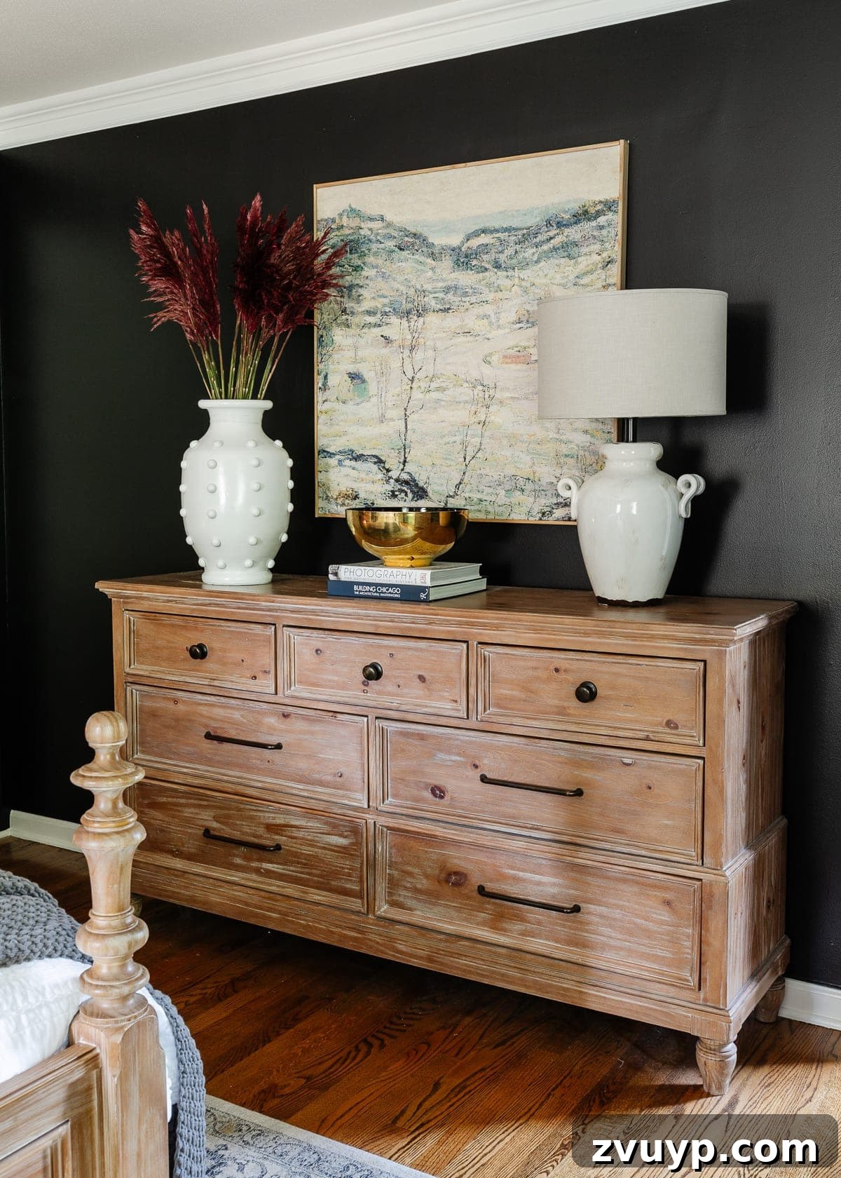 master bedroom dresser decor with fall dried stems
