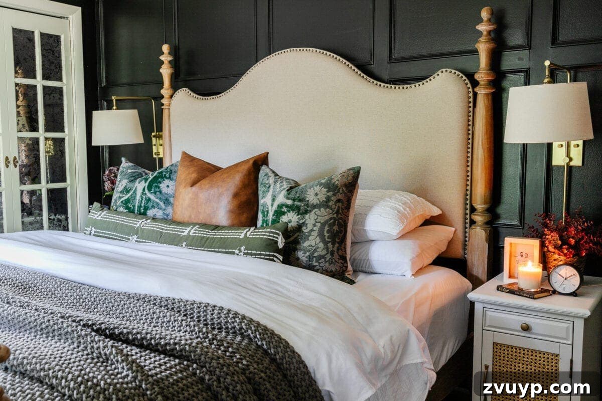 Effortless Throw Pillow Styling 3 Stylish throw pillows on a bed with a dark accent wall and linen headboard, demonstrating expert texture and pattern pairing