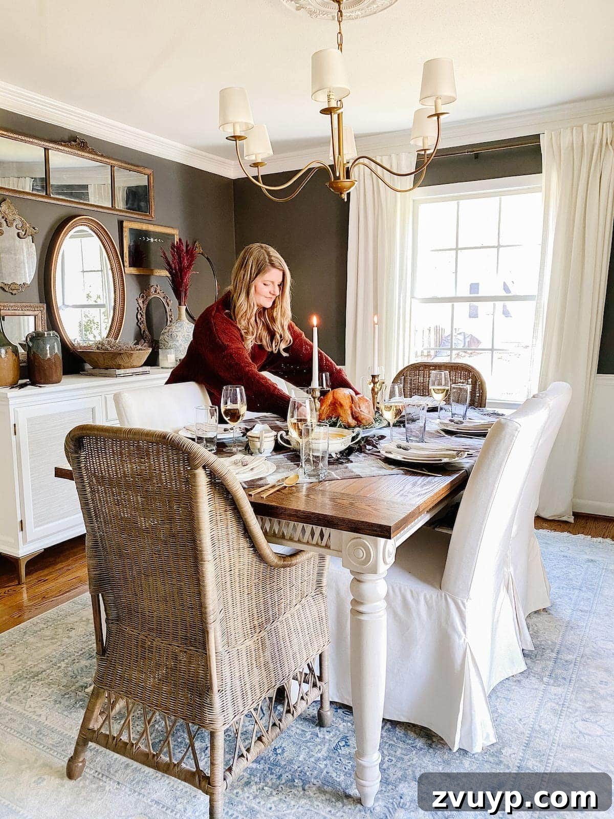 Frugal and Fabulous Thanksgiving Table Decor and Cooking Timeline 2 Thanksgiving dining room decorated with budget-friendly, cozy elements