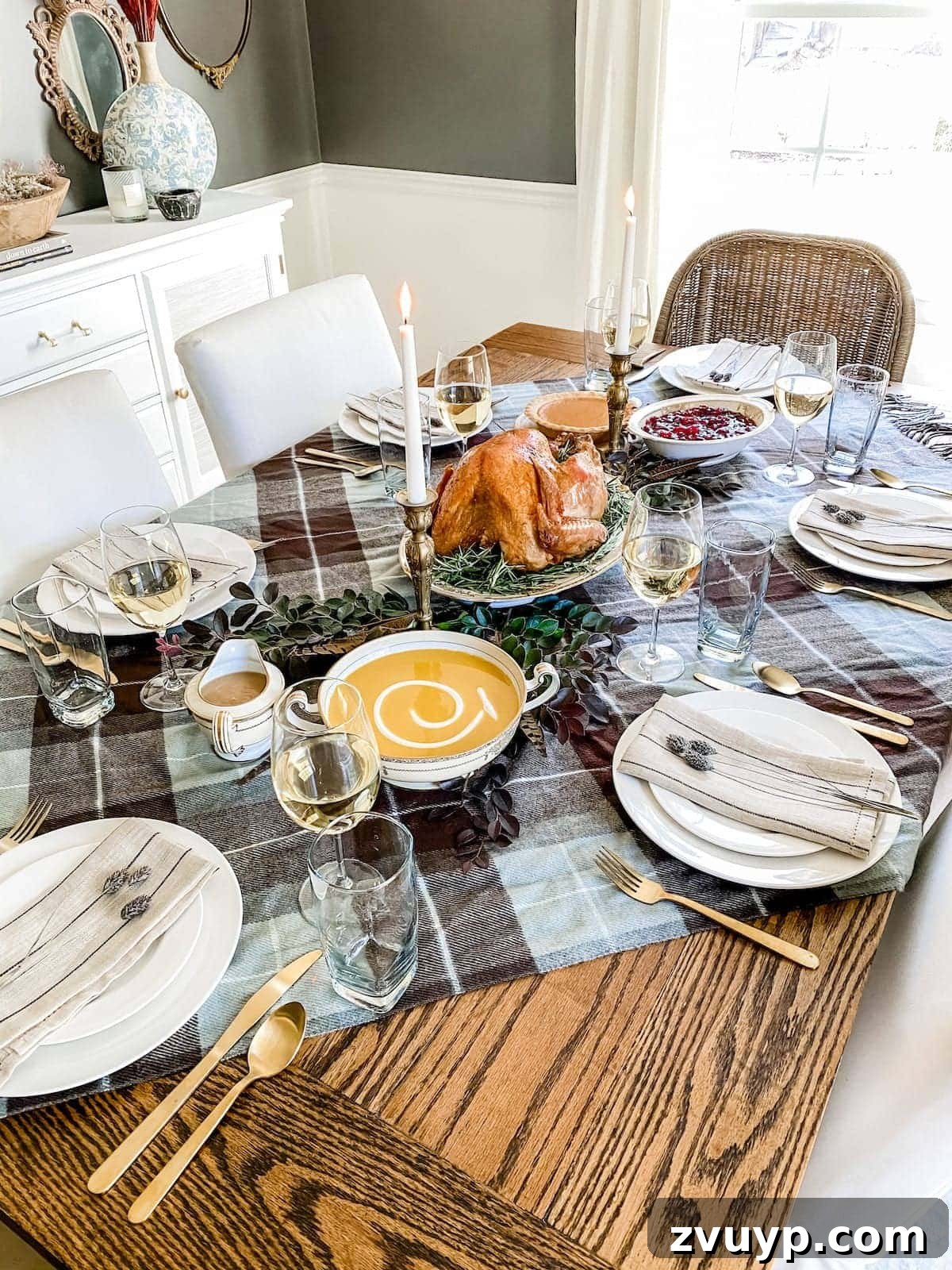 Frugal and Fabulous Thanksgiving Table Decor and Cooking Timeline 9 Use a throw blanket as Thanksgiving table decor, highlighting coziness