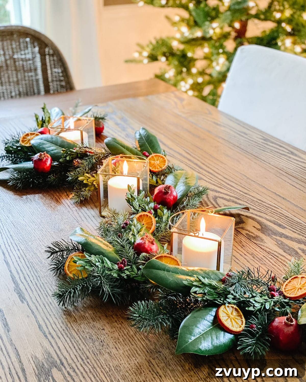 Crafting Natural Christmas Decor from Dried Fruit and Preserved Leaves 17 Close-up of DIY dried fruit and preserved leaf Christmas garland with festive lanterns