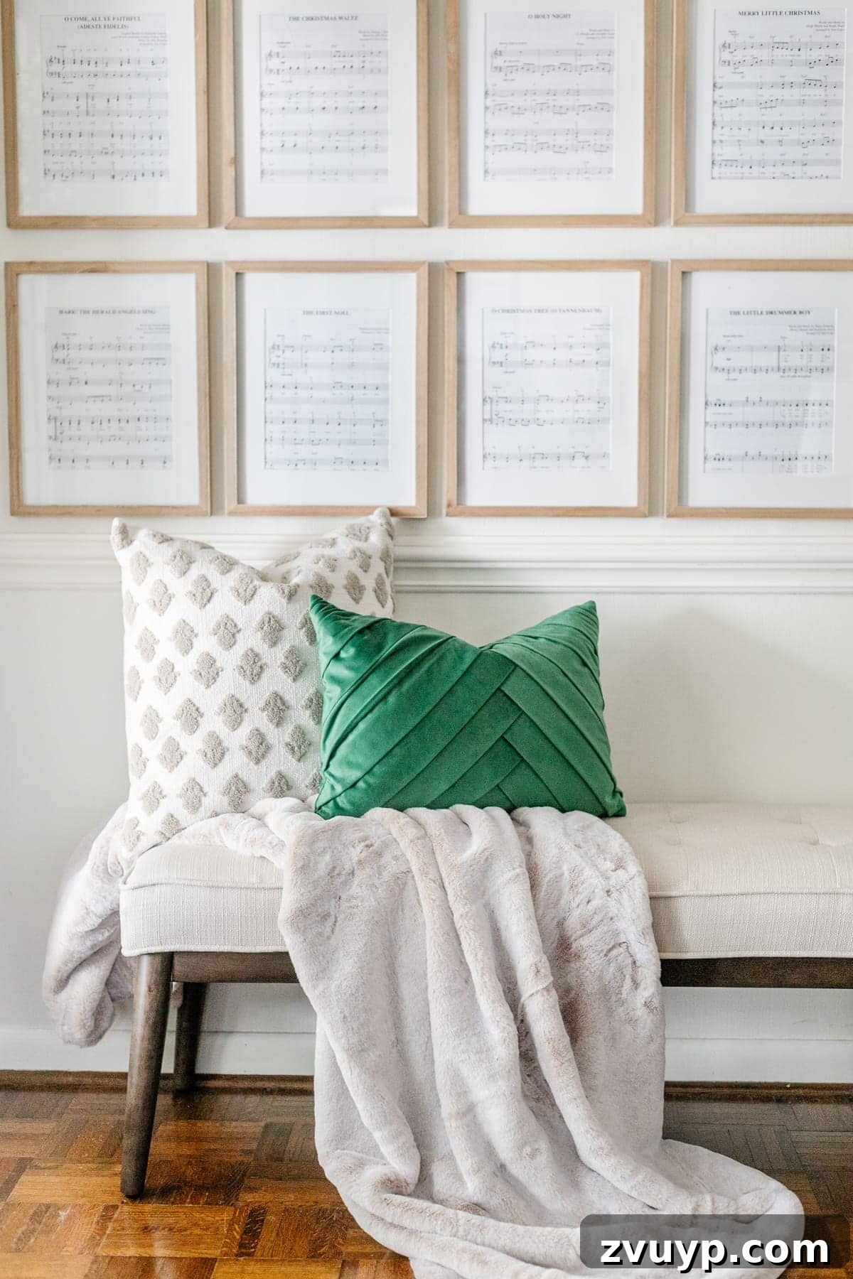 Christmas Sheet Music Wall Art Gallery 5 Christmas pillows on bench in entryway with sheet music art