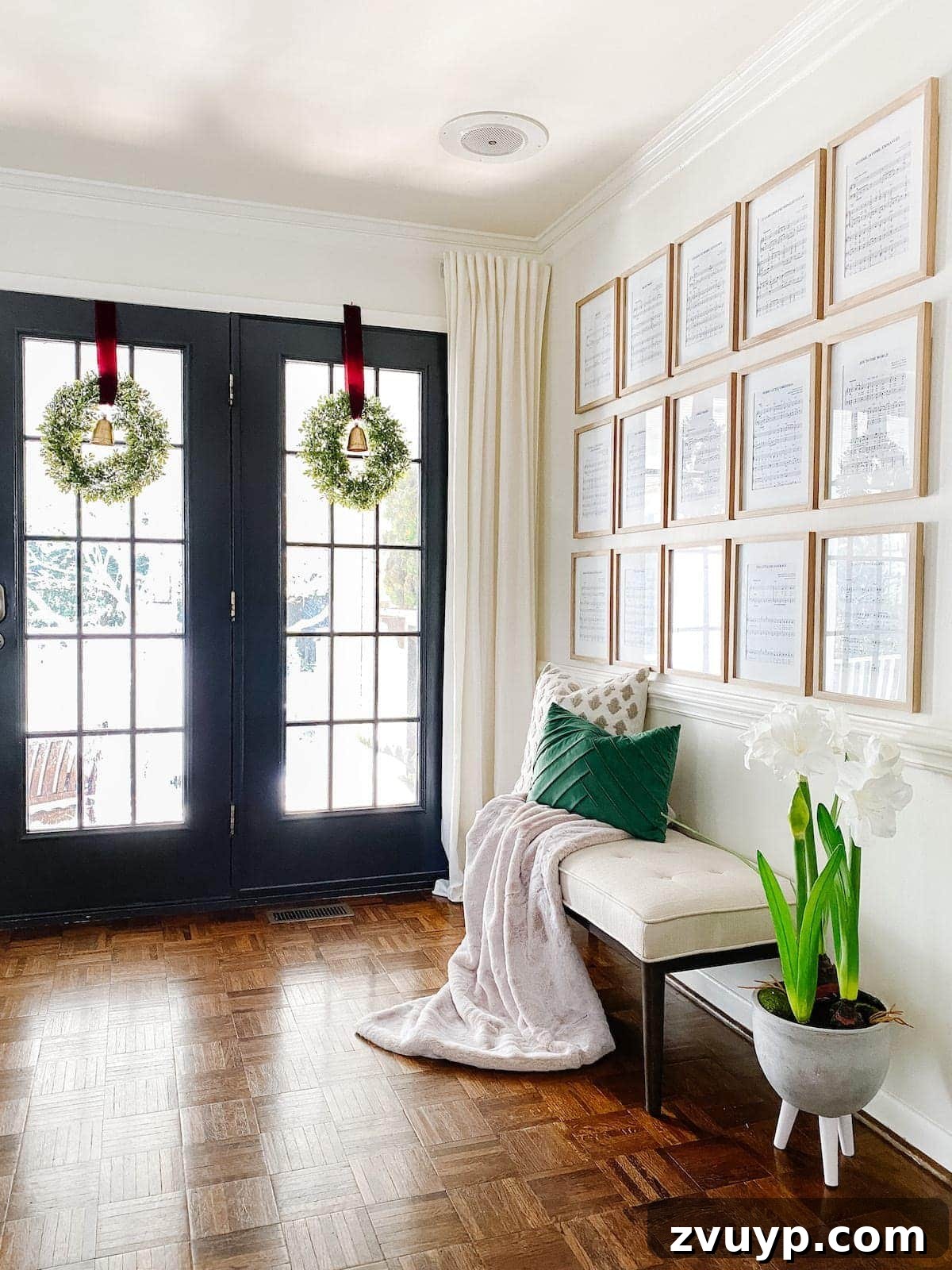 Christmas Sheet Music Wall Art Gallery 7 wreaths on windows and entryway with Christmas wall decor using sheet music art